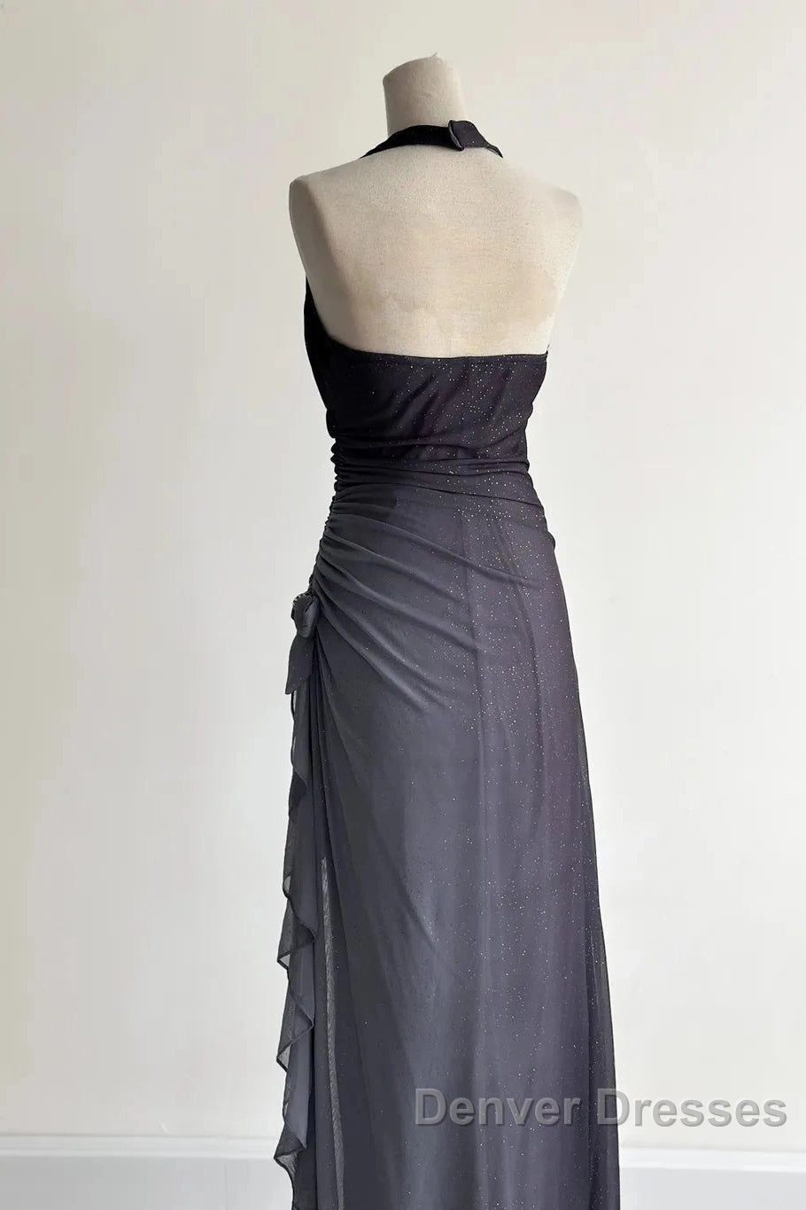 Sparkling Gradient Dark Gray Halter Neck Ruffle Sheath Prom Dress Birthday Dress