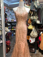 Sparkling Pink Mermaid Halter Neck Crossback Backless Tulle Long Prom Dress Evening Dress