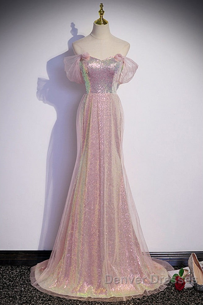 Sparkling Powder Blusher Pink Sequins Off Shoulder Short Sleeve Evening Dress Powder Blusher Pink Trumpet/Mermaid Open Back Zipper Sweep Tail Prom Dress