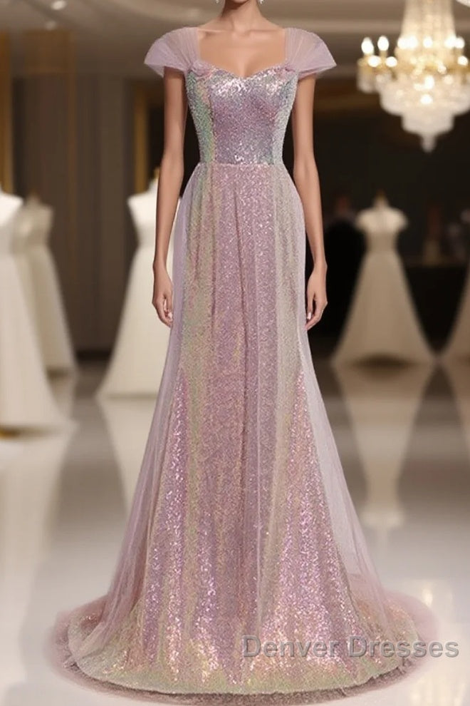 Sparkling Powder Blusher Pink Sequins Off Shoulder Short Sleeve Evening Dress Powder Blusher Pink Trumpet/Mermaid Open Back Zipper Sweep Tail Prom Dress Main image