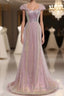 Sparkling Powder Blusher Pink Sequins Off Shoulder Short Sleeve Evening Dress Powder Blusher Pink Trumpet/Mermaid Open Back Zipper Sweep Tail Prom Dress