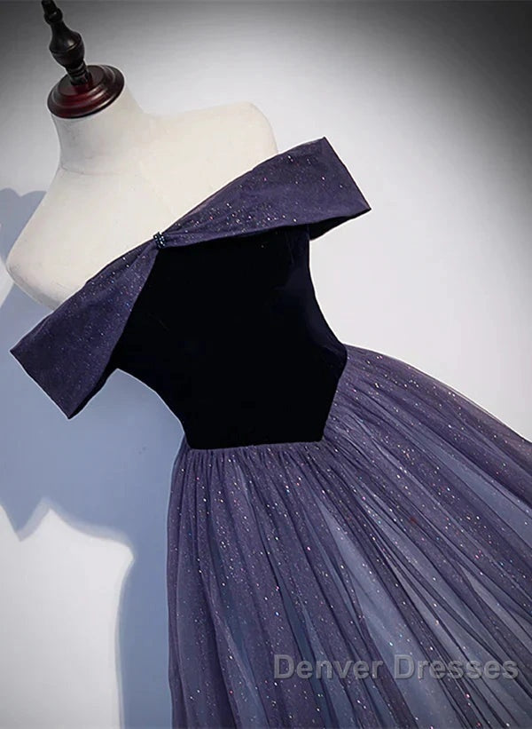 Sparkling Purple Gradient Tulle Off Shoulder A-Line Purple Evening Dress Prom Dress Elegant