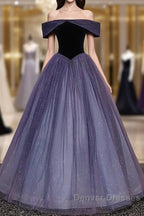 Sparkling Purple Gradient Tulle Off Shoulder A-Line Purple Evening Dress Prom Dress Elegant