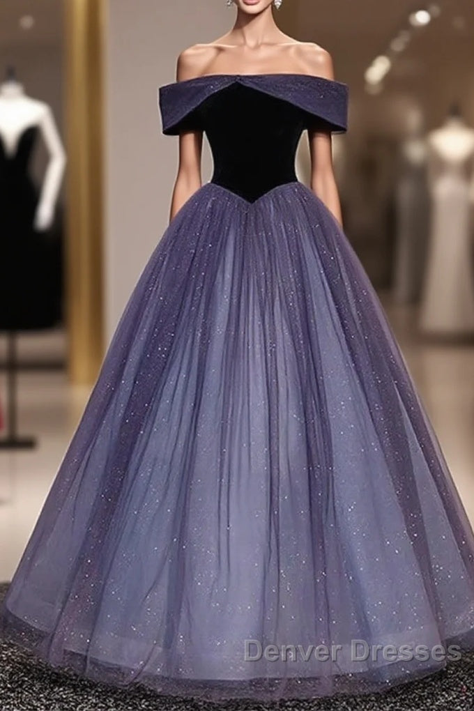 Sparkling Purple Gradient Tulle Off Shoulder A-Line Purple Evening Dress Prom Dress