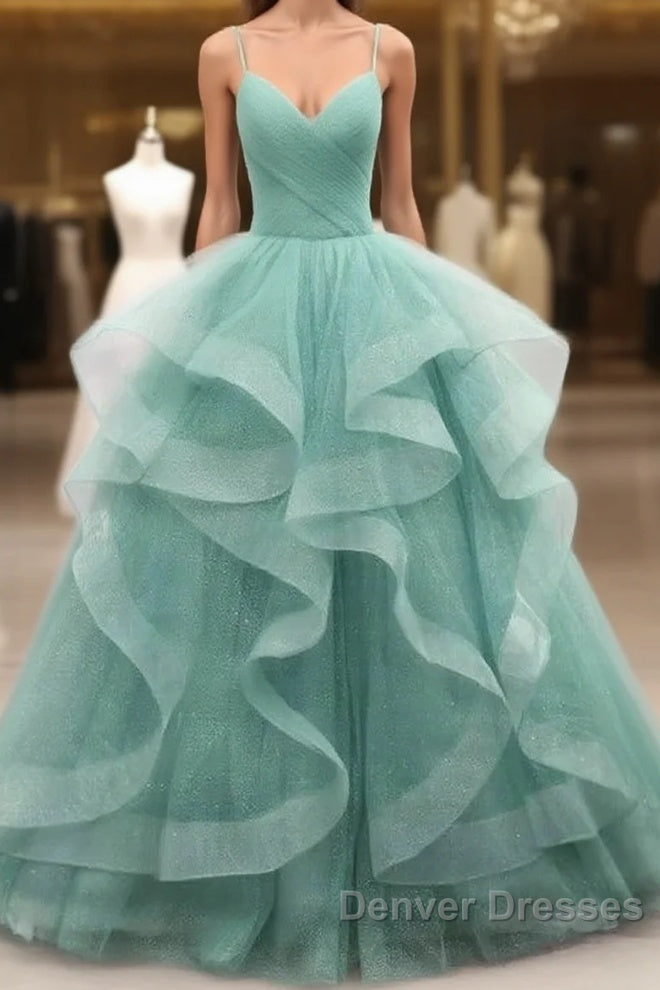 Sparkling Quinceanera Dress V Neck Tulle Long Prom Dress Green Sweet Dress Floor Length Main image