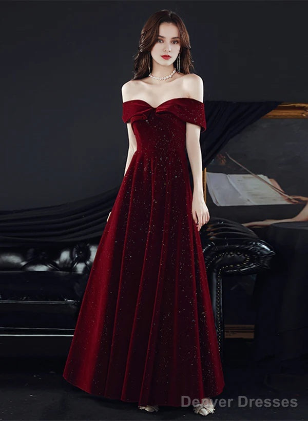 Sparkling Red Velvet Off Shoulder Long Party Dress A-Line Prom Dress Evening Dress Main image