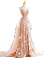 Sparkling Rose Gold Mermaid Slit Train Sequined Prom Dress Evening Dress