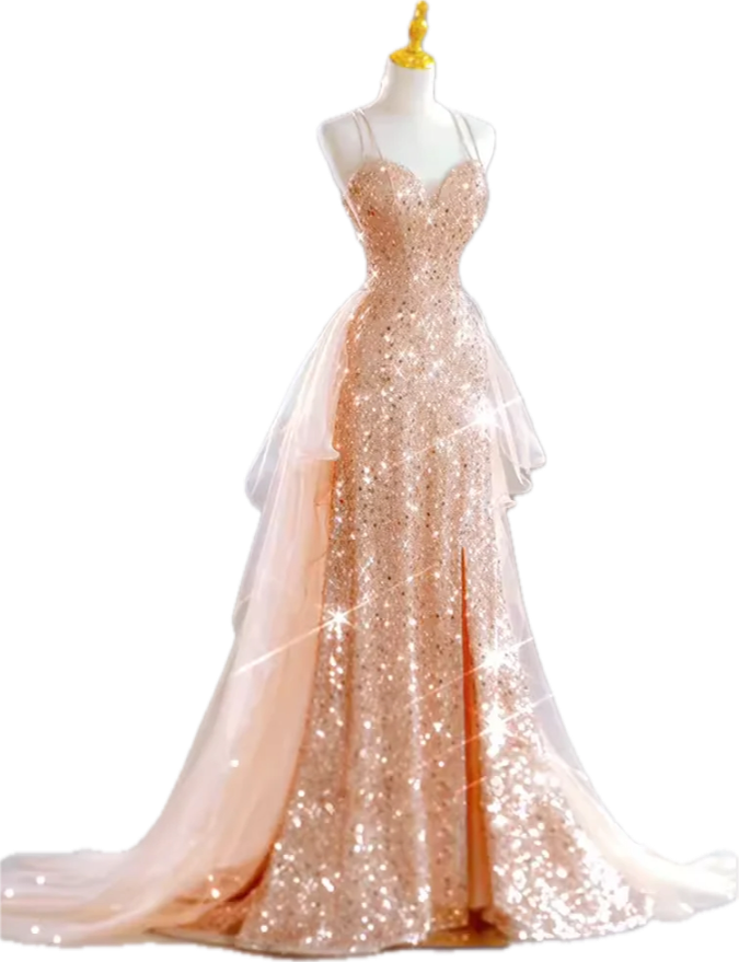 Sparkling Rose Gold Mermaid Slit Train Sequined Prom Dress Evening Dress