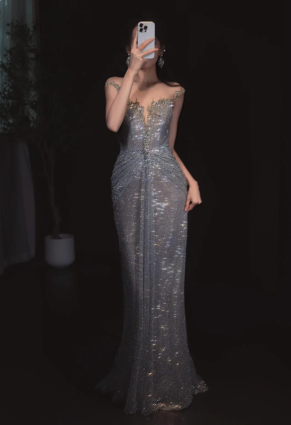 Sparkling Silver-Grey Mermaid Sequined Long Prom Dress Evening Dress