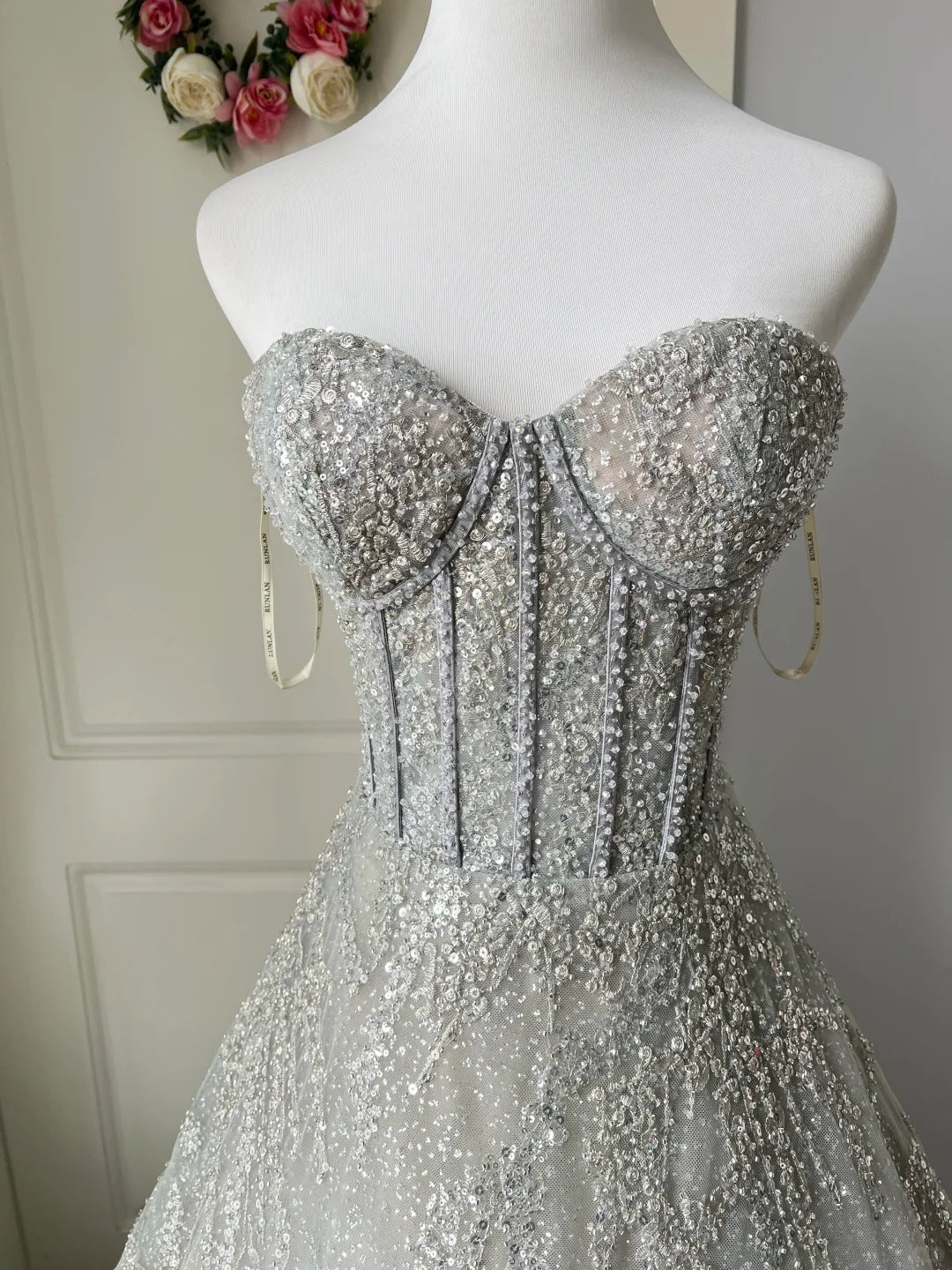 Sparkling Silver-Grey Strapless Sequined Ball Gown Evening Dress