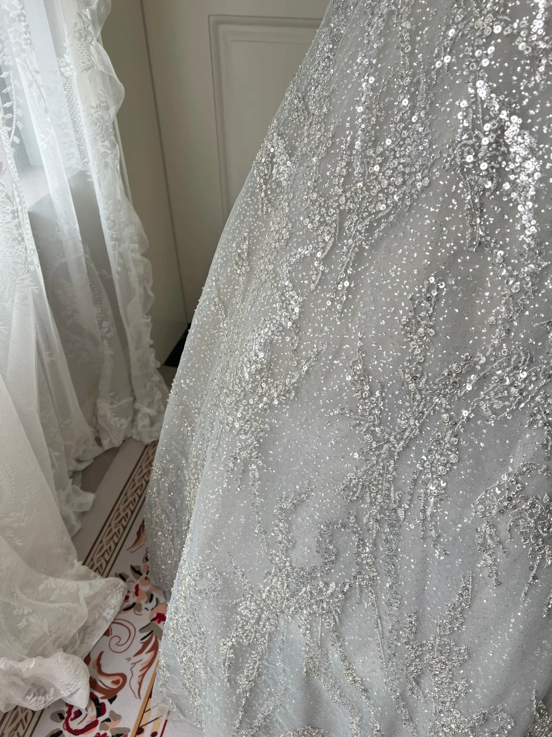 Sparkling Silver-Grey Strapless Sequined Ball Gown Evening Dress