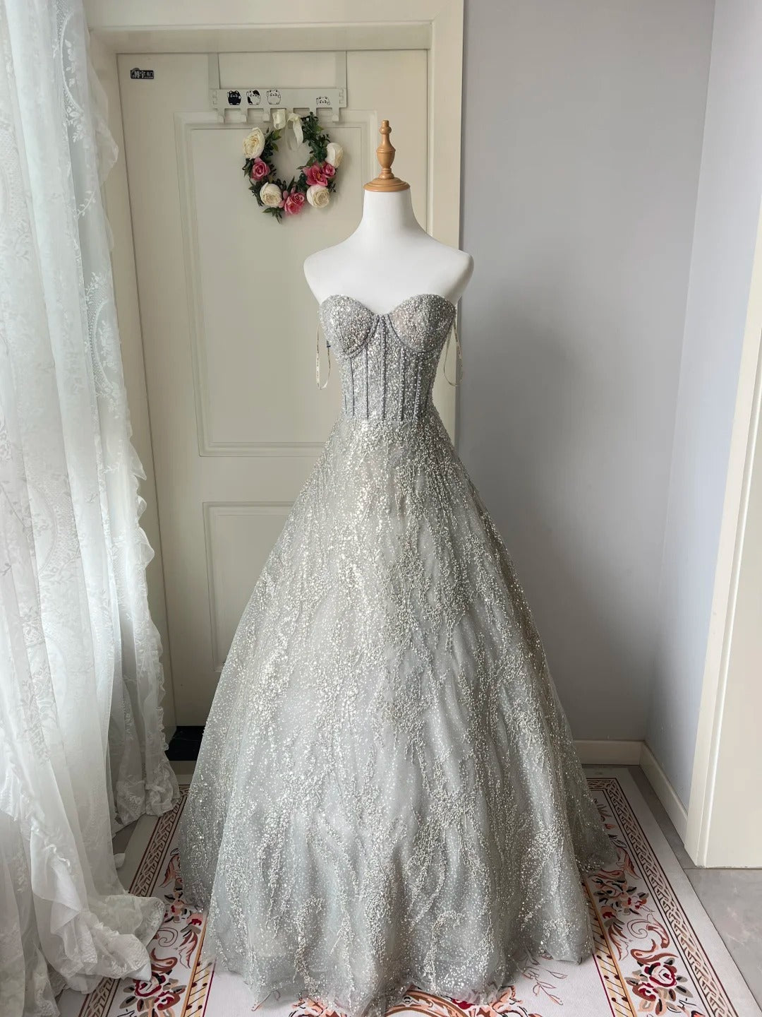 Sparkling Silver-Grey Strapless Sequined Ball Gown Evening Dress