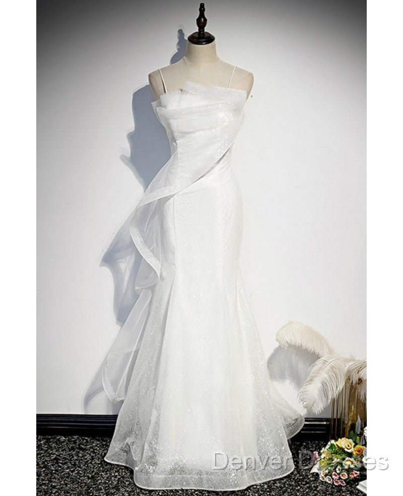 Sparkling White Sleeveless Off Shoulder Ball Dress With White Thin Shoulder Straps Backless Straps And Floor Length Ruffled Edge For Evening Dressing Secondary image