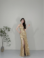 Sparkling Yellow Mermaid Deep V Halter Neck Slit Sequined Long Prom Dress Evening Dress