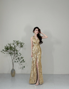 Sparkling Yellow Mermaid Deep V Halter Neck Slit Sequined Long Prom Dress Evening Dress