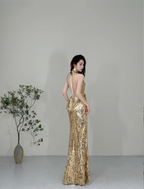 Sparkling Yellow Mermaid Deep V Halter Neck Slit Sequined Long Prom Dress Evening Dress