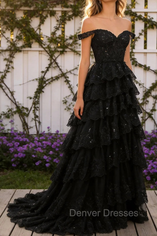 Sparkly A Line Black Off The Shoulder Corset Sequin Tiered Prom Dress with Slit