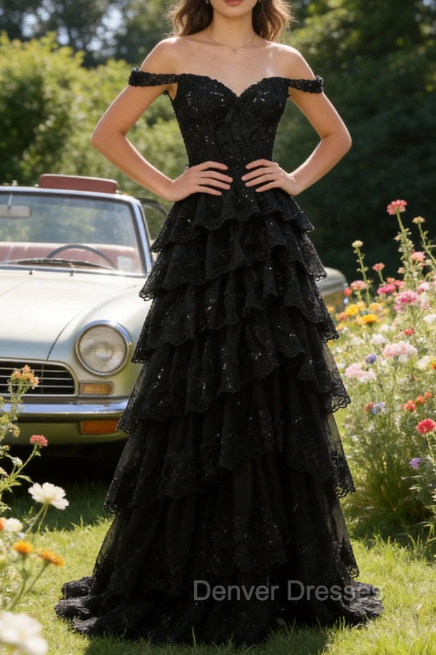 Sparkly A Line Black Off The Shoulder Corset Sequin Tiered Prom Dress with Slit