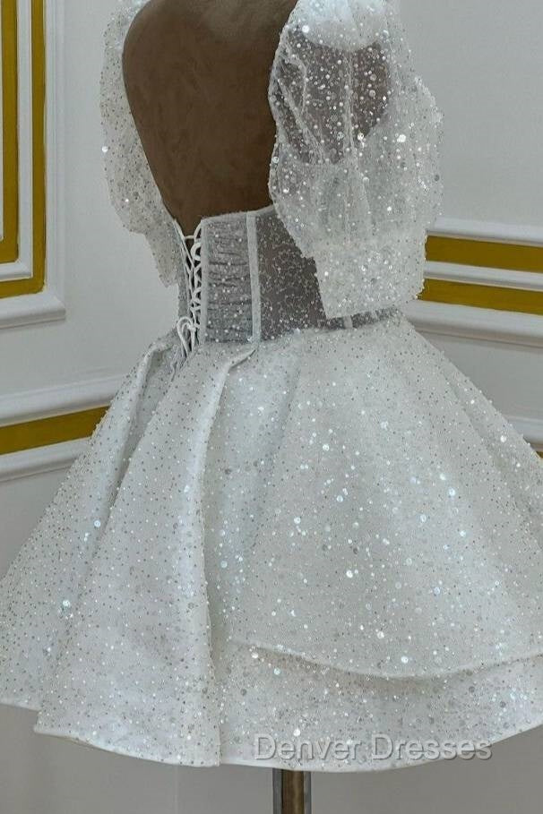 Sparkly A Line Short Cocktail Dress White Sequin 18Th Birthday Outfits