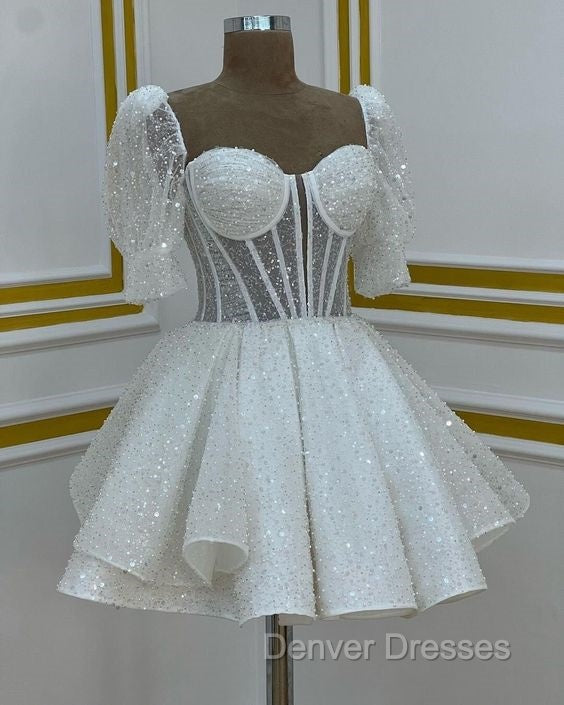 Sparkly A Line Short Cocktail Dress White Sequin 18Th Birthday Outfits