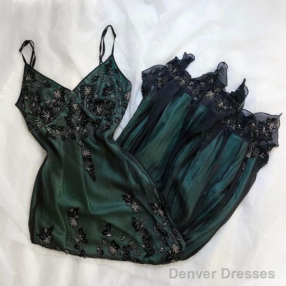 Sparkly A Line Spaghetti Straps Dark Green Long Prom Dress Main image