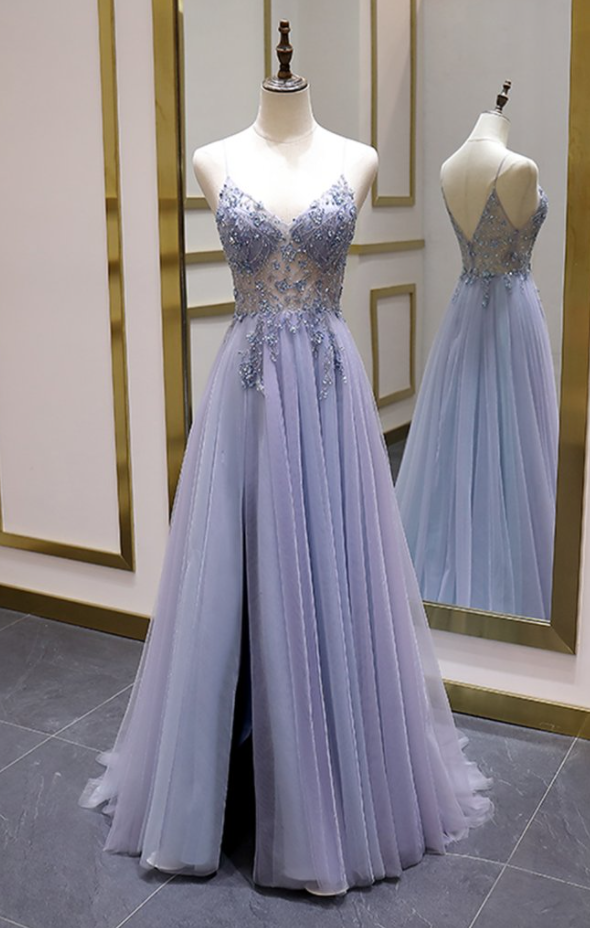 Sparkly A Line Spaghetti Straps Long Prom Dress, Evening Party Dress Main image