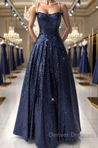 Sparkly Backless Navy Blue Long Prom Dress, Open Back Long Navy Blue Formal Evening Dress