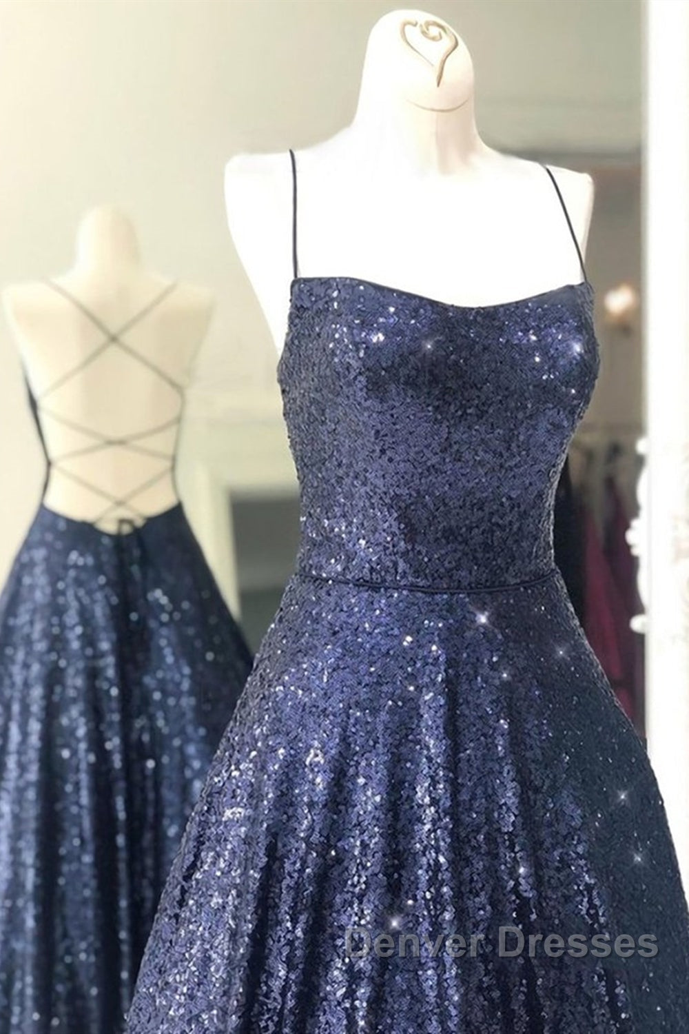 Sparkly Backless Navy Blue Long Prom Dress, Open Back Long Navy Blue Formal Evening Dress