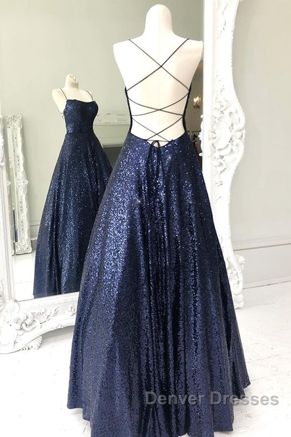 Sparkly Backless Navy Blue Long Prom Dress, Open Back Long Navy Blue Formal Evening Dress