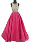 Sparkly Beaded Crystals Hot Pink Satin Backless Prom Dress