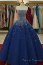 Sparkly Beaded Strapless Navy Blue Ball Gown Prom Dress