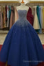 Sparkly Beaded Strapless Navy Blue Ball Gown Prom Dress