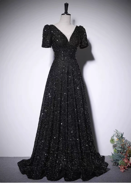 Sparkly Black A-Line V-Neck Short Sleeve Sequin Long Prom Dress Evening Dress