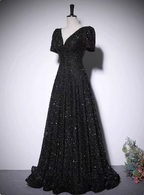 Sparkly Black A-Line V-Neck Short Sleeve Sequin Long Prom Dress Evening Dress