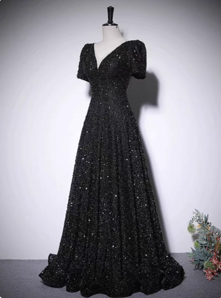 Sparkly Black A-Line V-Neck Short Sleeve Sequin Long Prom Dress Evening Dress