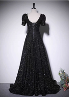 Sparkly Black A-Line V-Neck Short Sleeve Sequin Long Prom Dress Evening Dress