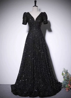 Sparkly Black A-Line V-Neck Short Sleeve Sequin Long Prom Dress Evening Dress