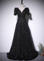 Sparkly Black A-Line V-Neck Short Sleeve Sequin Long Prom Dress Evening Dress