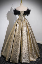 Sparkly Black And Gold Glitter Prom Dress Ball Gown, Off The Shoulder Evening Party Dress