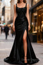 Sparkly Black Floral Spaghetti Straps Mermaid Long Prom Dress with Slit
