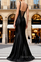 Sparkly Black Floral Spaghetti Straps Mermaid Long Prom Dress with Slit