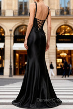 Sparkly Black Floral Spaghetti Straps Mermaid Long Prom Dress with Slit