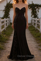 Sparkly Black Mermaid Strapless Corset Appliques Long Prom Dress with Slit