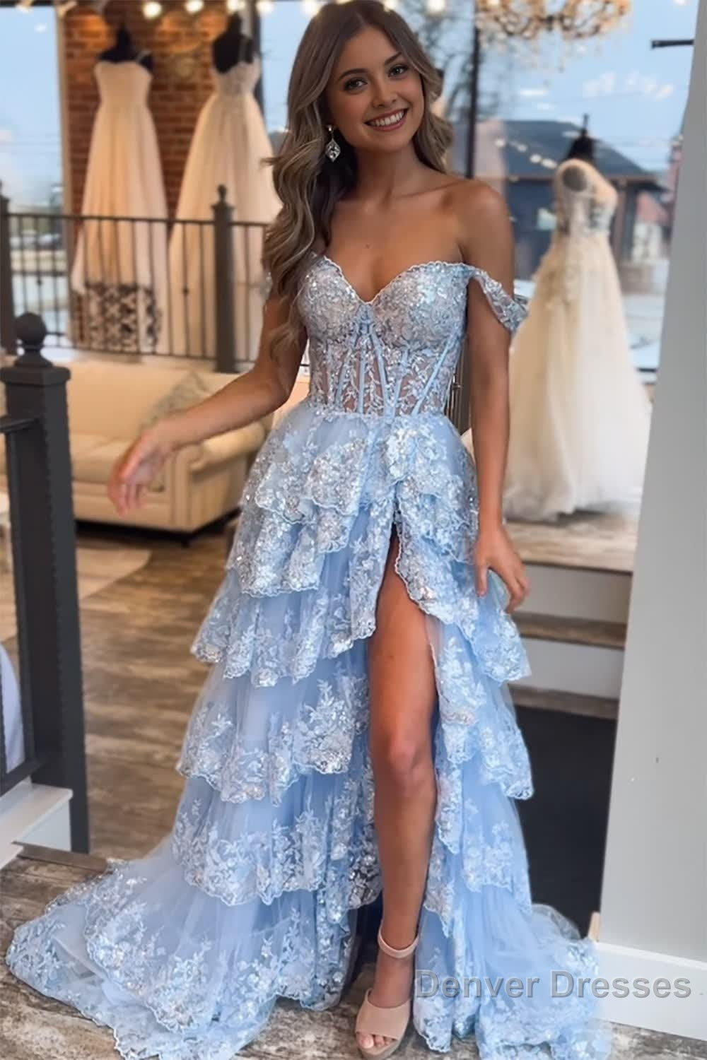 Sparkly Black Off The Shoulder Tiered Corset Prom Dress Secondary image