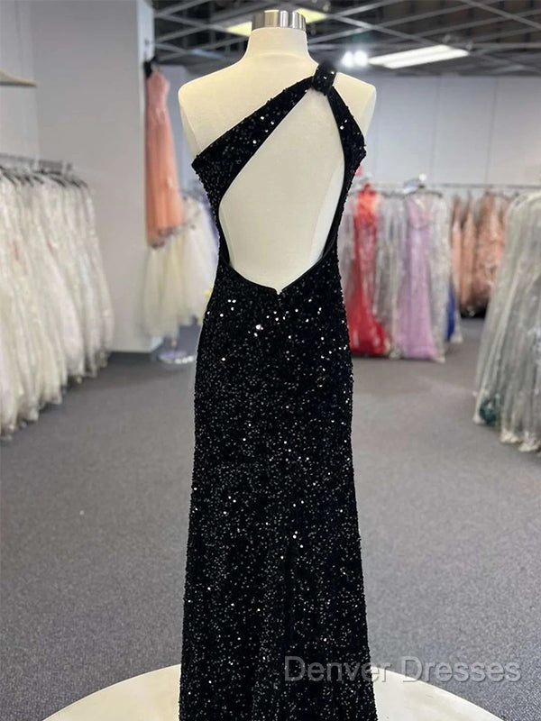 Sparkly Black One Shoulder Side Slit Prom Dress, Secondary image