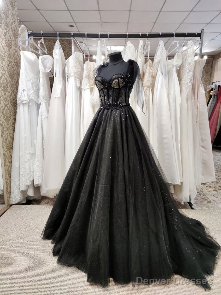 Sparkly black prom dress night corset neckline fairy tale tulle princess bride bridal gothic dark queen night alternative bride Main image