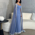 Sparkly  Blue Evening Dress Cape Long Mermaid Prom Dress Formal Evening Dress Wedding Dress