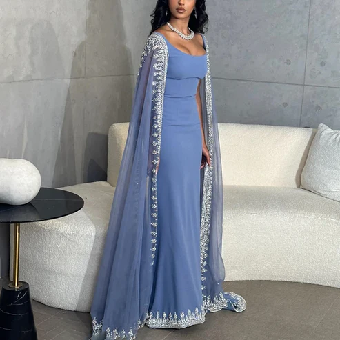 Sparkly  Blue Evening Dress Cape Long Mermaid Prom Dress Formal Evening Dress Wedding Dress