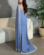 Sparkly  Blue Evening Dress Cape Long Mermaid Prom Dress Formal Evening Dress Wedding Dress