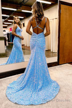 Sparkly Blue Mermaid Sequins Long Backless Prom Dress